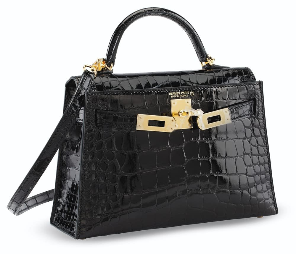 Hermès A SHINY BLACK ALLIGATOR SELLIER MINI KELLY 20 II WITH GOLD HARDWARE