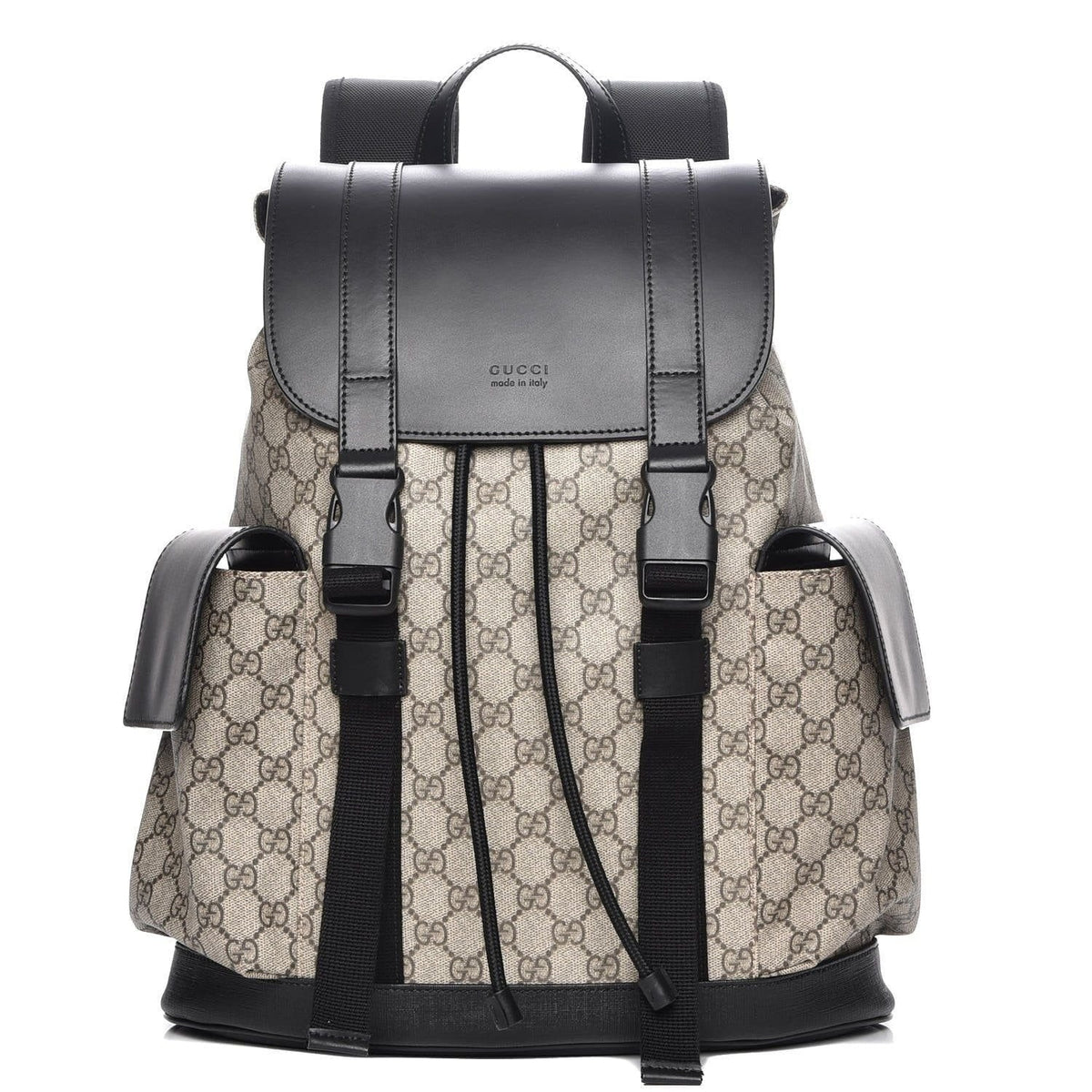 GUCCI Supreme Monogram Double Buckle Backpack Beige Black